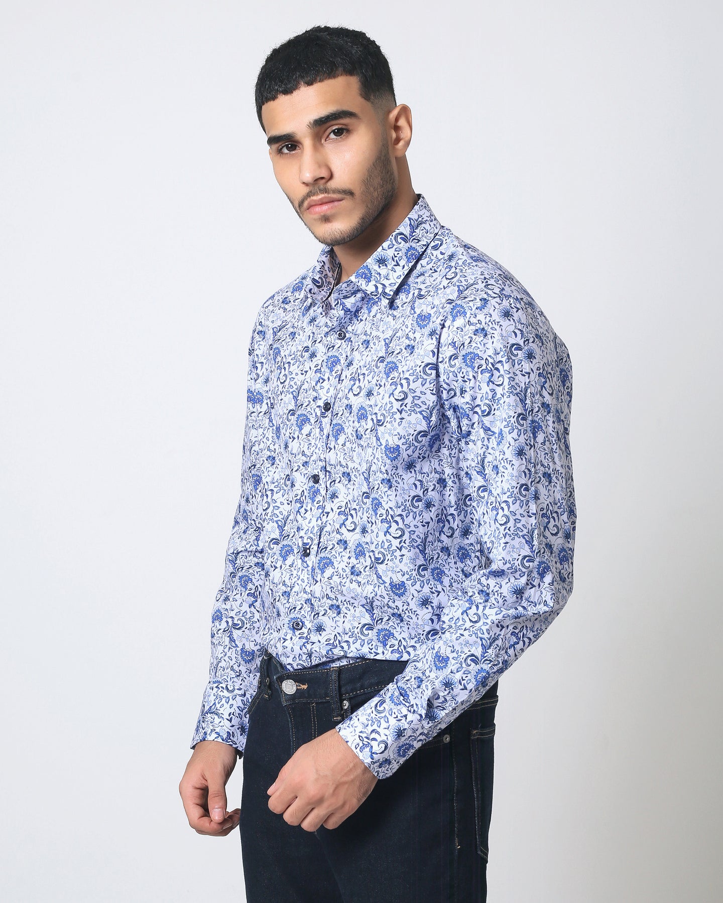 Quieti Performance Blue Floral Print, Long Sleeve Woven Shirt